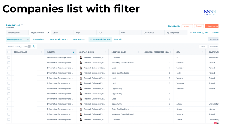 HubSpot companies list with filter